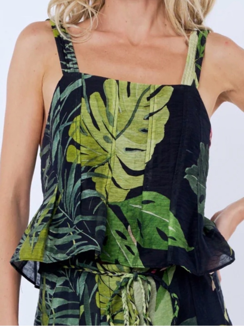 Green Tropical Print Square-Neck Tank Top
